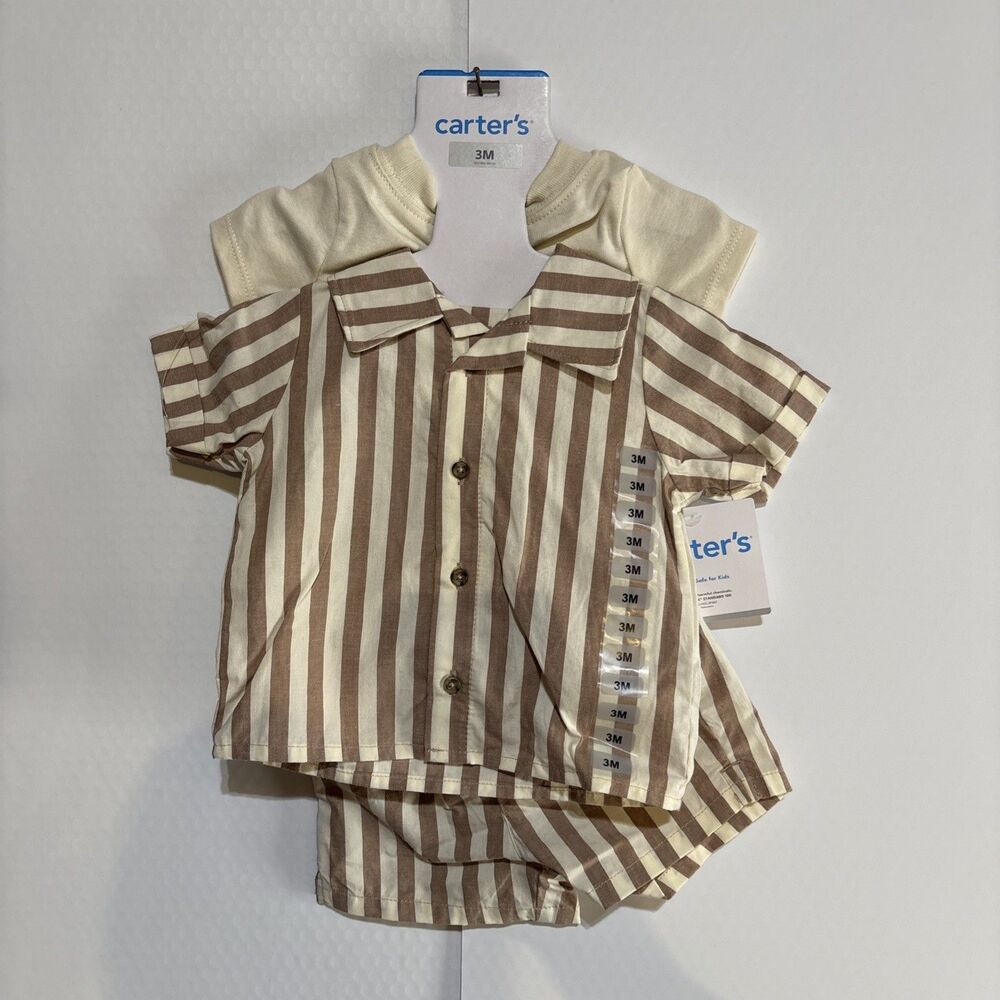 Carter's 3M Outfit Set Boys 3 piece Beige Stripe Beach Shorts NWT Shower Gift